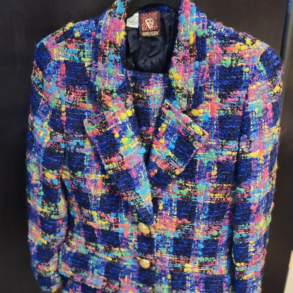 Vintage Anne Klein Multi Color Wool & Mohar Jacket and Skirt Suit